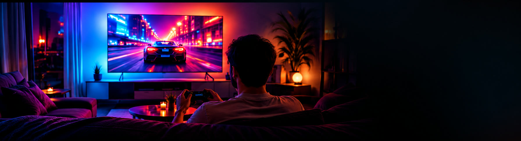 Joueur devant un écran dont les couleurs illuminent la pièce